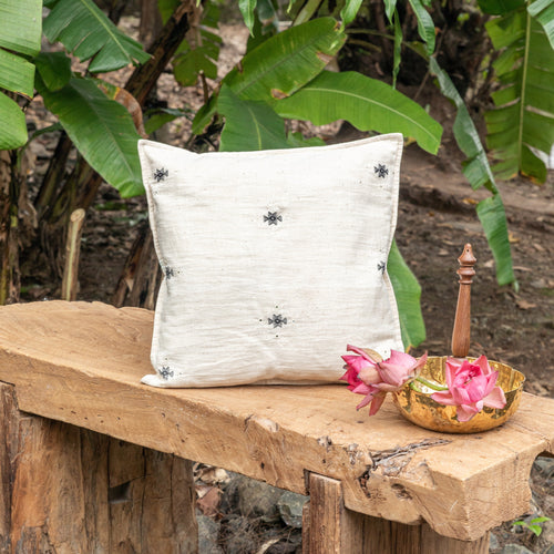 White and Black Chaumukh with Mirror Kutch Handmade Cotton Cushion Cover-Cushion Covers-House of Ekam