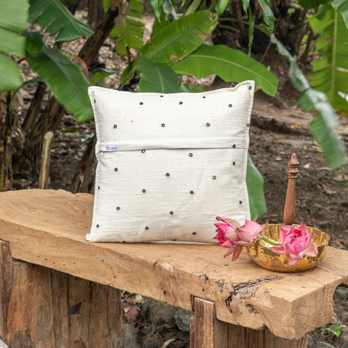 White and Black Kutch Mirror Work Handmade Cotton Cushion Cover-Cushion Covers-House of Ekam