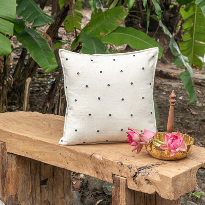 White and Black Kutch Mirror Work Handmade Cotton Cushion Cover-Cushion Covers-House of Ekam