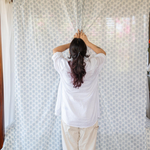 White and Blue Bela Cotton Sheer Curtain-Curtains-House of Ekam