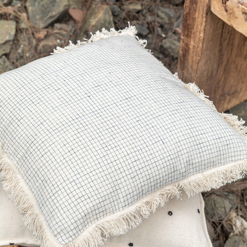 White and Blue Checks Kutch Handloom Cotton Cushion Cover-Cushion Covers-House of Ekam