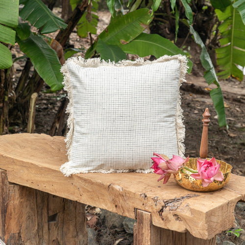 White and Blue Checks Kutch Handloom Cotton Cushion Cover-Cushion Covers-House of Ekam