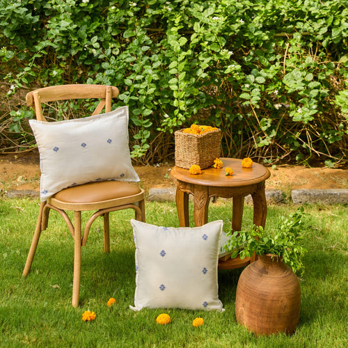 White and Blue Neer Jamdani Cotton Handloom Cushion Cover-Cushion Covers-House of Ekam