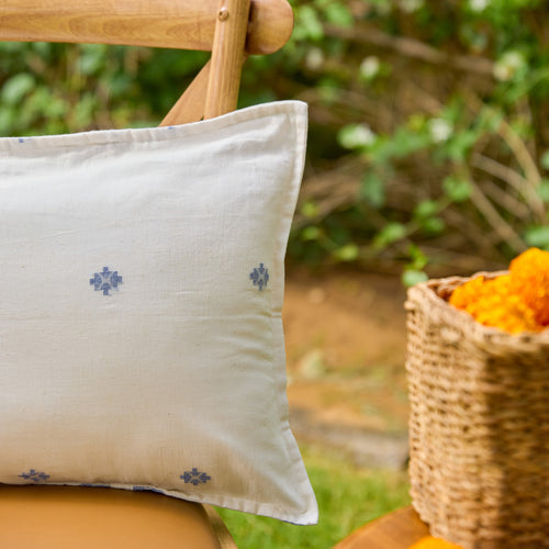 White and Blue Neer Jamdani Cotton Handloom Cushion Cover-Cushion Covers-House of Ekam