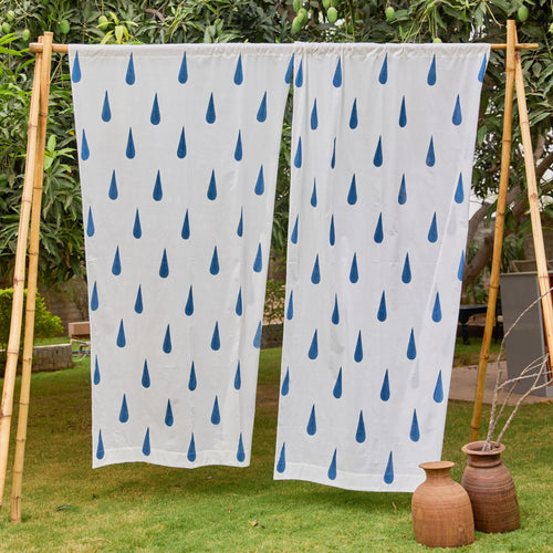White and Blue Tilak Blockprint Sheer Curtain-Curtains-House of Ekam
