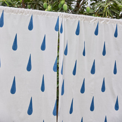 White and Blue Tilak Blockprint Sheer Curtain-Curtains-House of Ekam