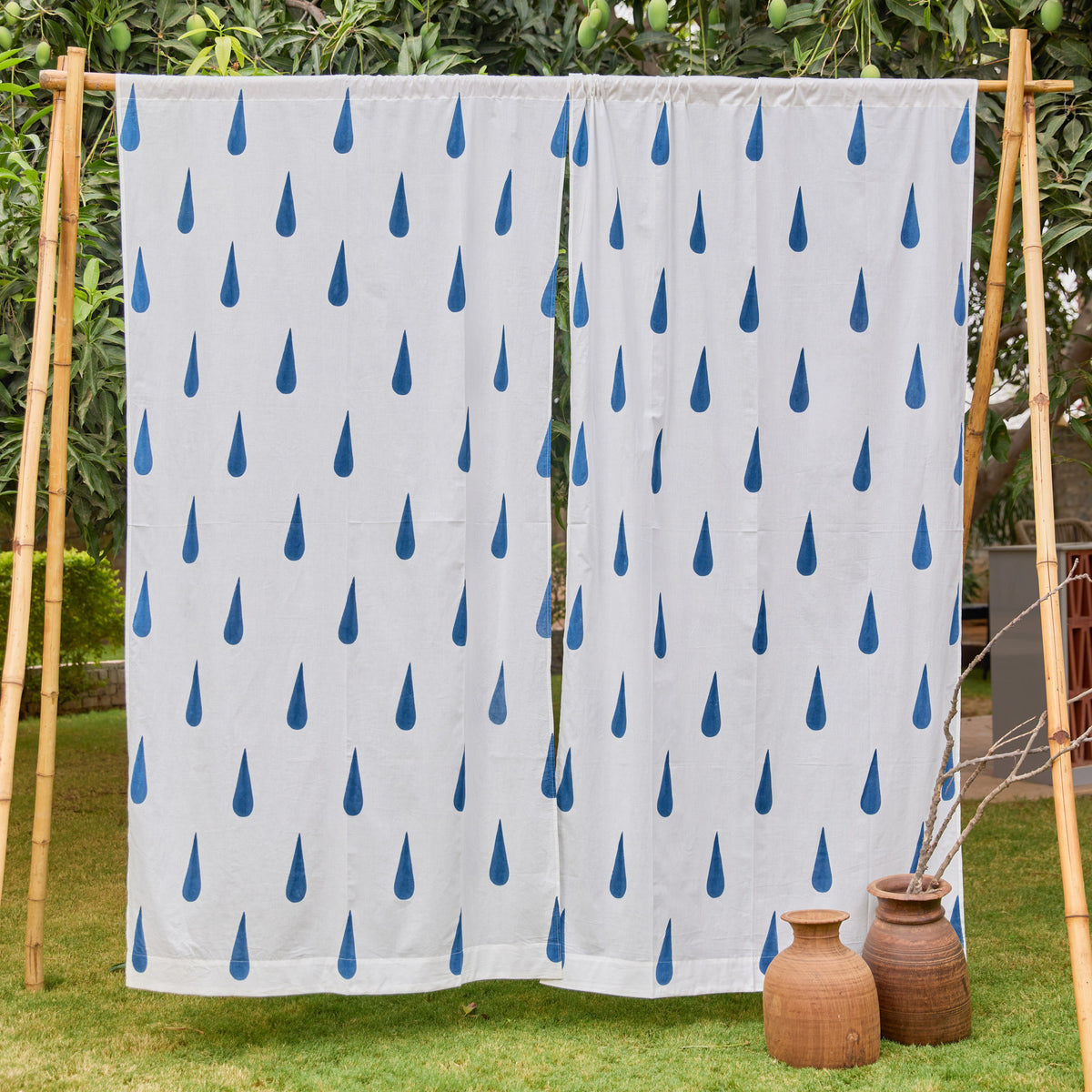 White and Blue Tilak Blockprint Sheer Curtain-Curtains-House of Ekam