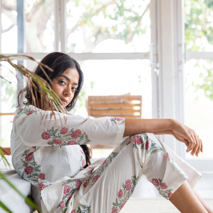 White and Pink Begonia Blockprinted Loungewear Pyjama Set-loungewear-House of Ekam