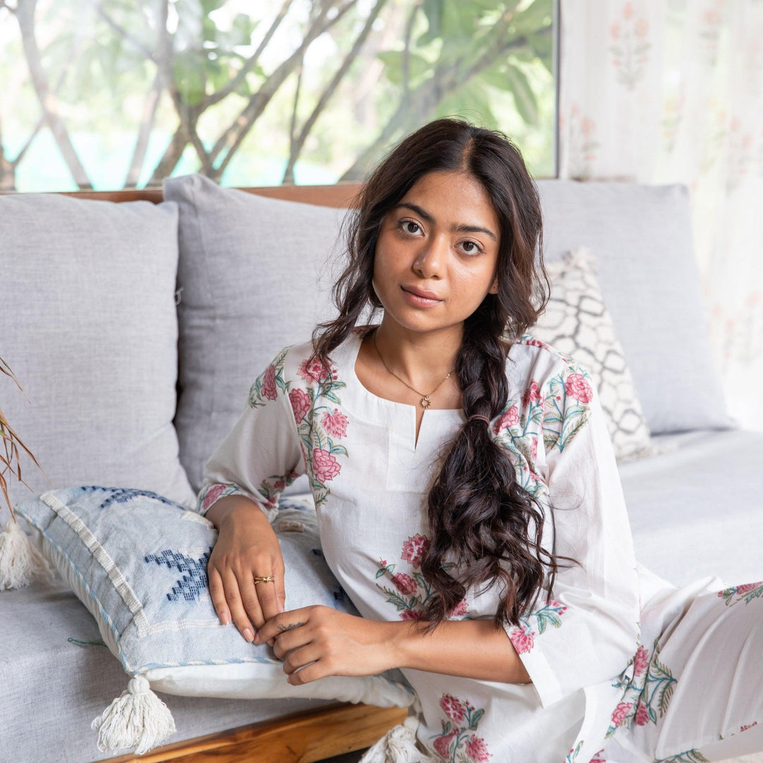 White and Pink Begonia Blockprinted Loungewear Pyjama Set-loungewear-House of Ekam