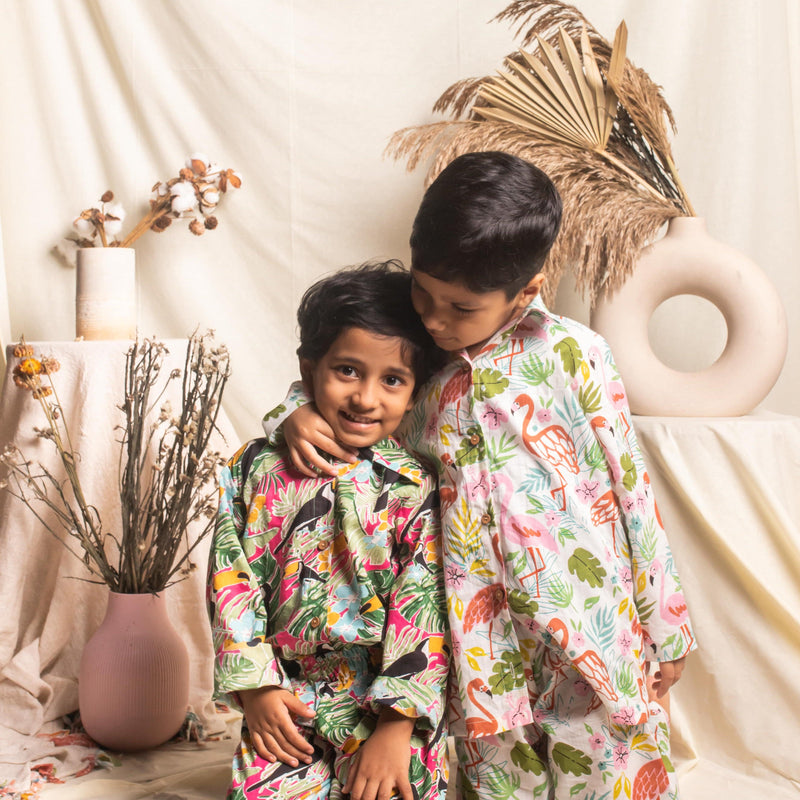 White and Pink Flamingo Kids Nightsuit Set-Kidswear-House of Ekam