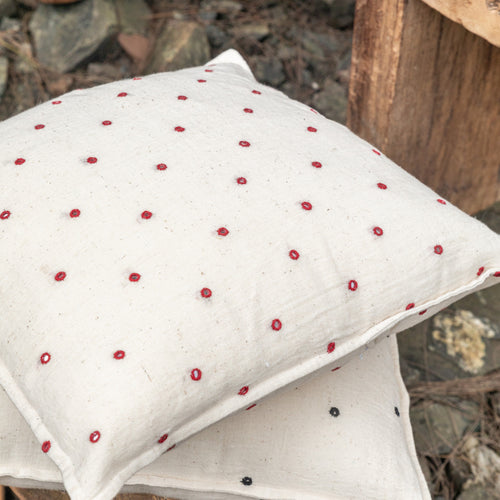 White and Red Kutch Mirror Work Handmade Cotton Cushion Cover-Cushion Covers-House of Ekam