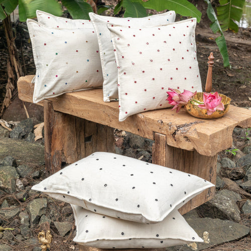 White and Red Kutch Mirror Work Handmade Cotton Cushion Cover-Cushion Covers-House of Ekam