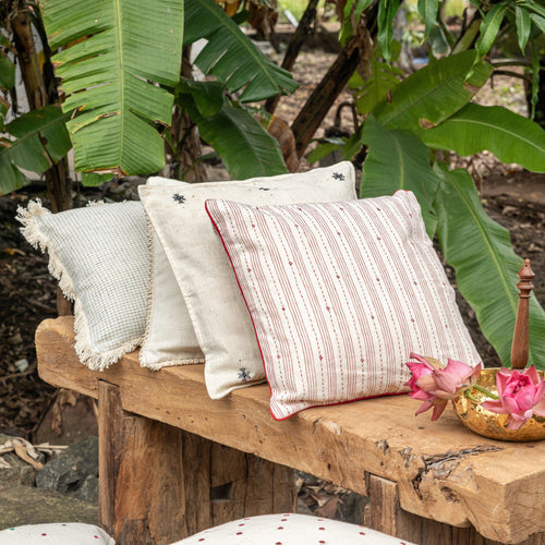 White and Red Kutch Mirror Work Handmade Cotton Cushion Cover-Cushion Covers-House of Ekam