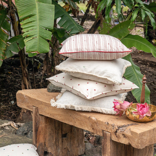 White and Red Kutch Mirror Work Handmade Cotton Cushion Cover-Cushion Covers-House of Ekam