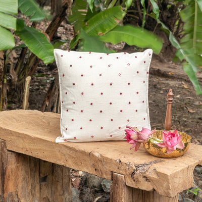 White and Red Kutch Mirror Work Handmade Cotton Cushion Cover-Cushion Covers-House of Ekam