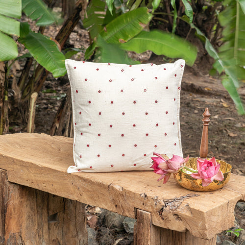 White and Red Kutch Mirror Work Handmade Cotton Cushion Cover-Cushion Covers-House of Ekam