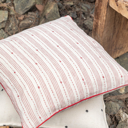 White and Red Rabari Work Kutch Handmade Cotton Cushion Cover-Cushion Covers-House of Ekam