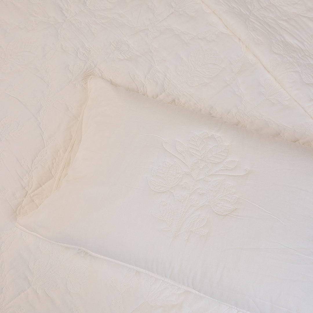 White on White Chintz Bloom Embroidered Quilt-Quilt sets-House of Ekam