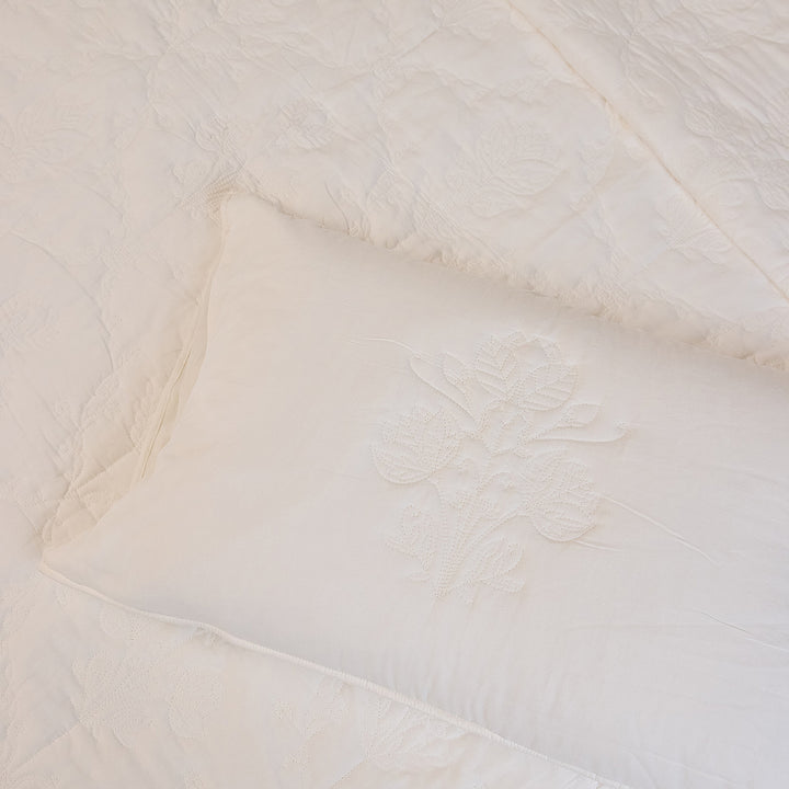 White on White Chintz Bloom Embroidered Quilt-Quilt sets-House of Ekam