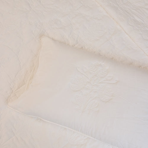 White on White Chintz Bloom Embroidered Quilt-Quilt sets-House of Ekam