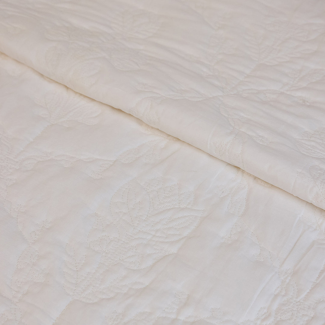 White on White Chintz Bloom Embroidered Quilt-Quilt sets-House of Ekam