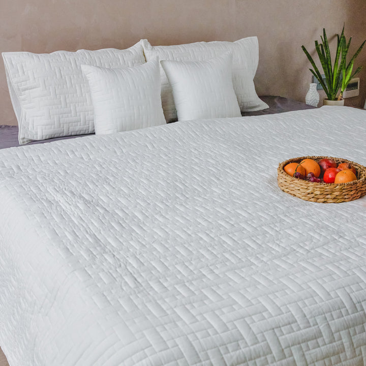 White on White Ethereal Interlock Abstract Embroidered Quilt-Quilt sets-House of Ekam
