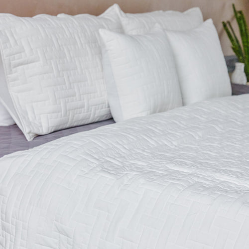 White on White Ethereal Interlock Abstract Embroidered Quilt-Quilt sets-House of Ekam