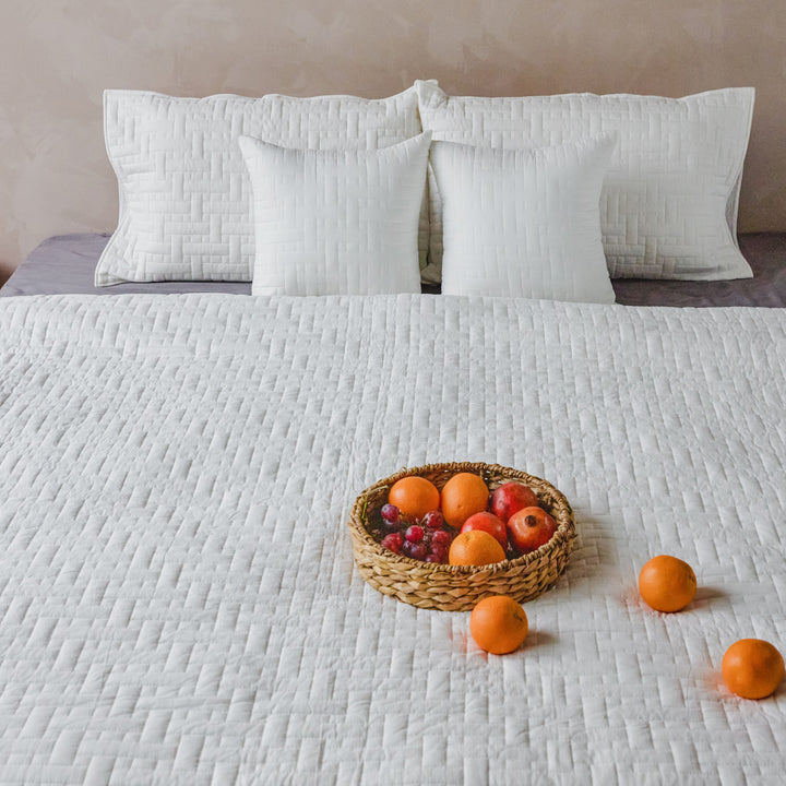 White on White Ethereal Interlock Abstract Embroidered Quilt-Quilt sets-House of Ekam
