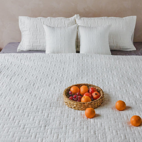 White on White Ethereal Interlock Abstract Embroidered Quilt-Quilt sets-House of Ekam