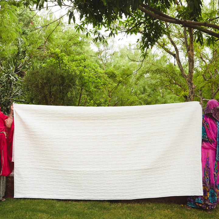 White on White Ethereal Interlock Abstract Embroidered Quilt-Quilt sets-House of Ekam