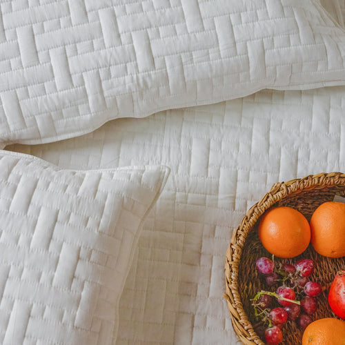 White on White Ethereal Interlock Abstract Embroidered Quilt-Quilt sets-House of Ekam