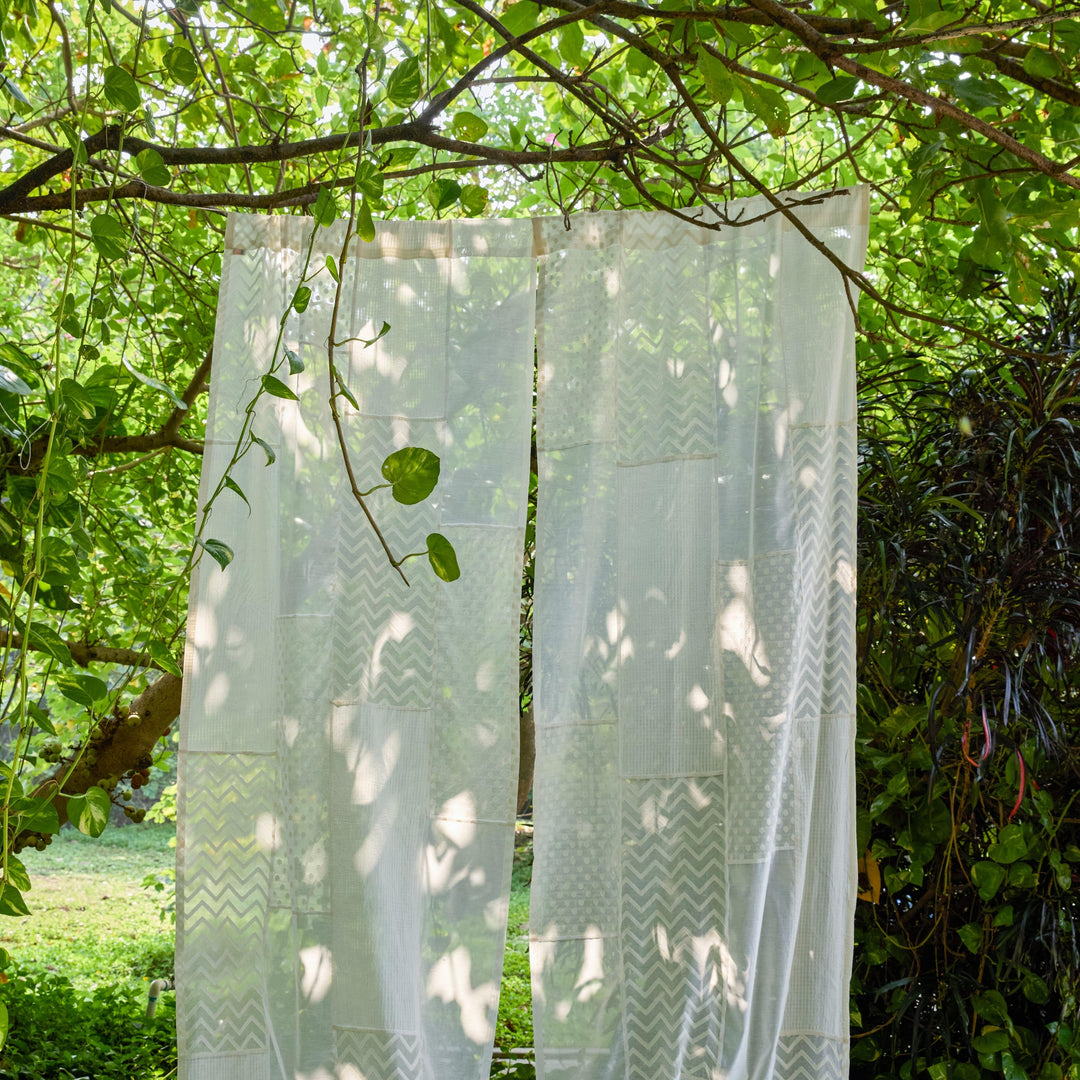 White on White Patchwork Handmade Cotton Curtain-Curtains-House of Ekam
