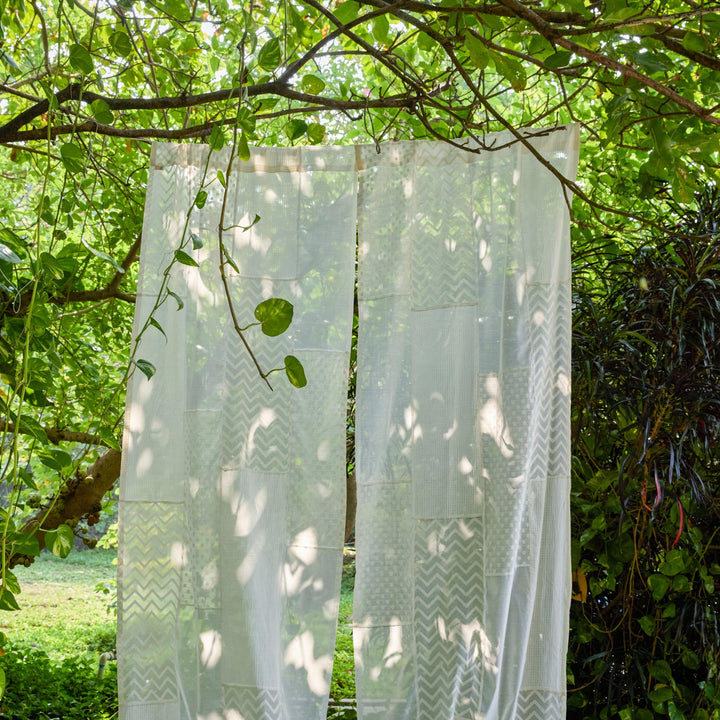 White on White Patchwork Handmade Cotton Curtain-Curtains-House of Ekam
