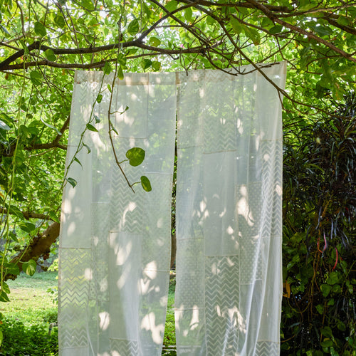 White on White Patchwork Handmade Cotton Curtain-Curtains-House of Ekam