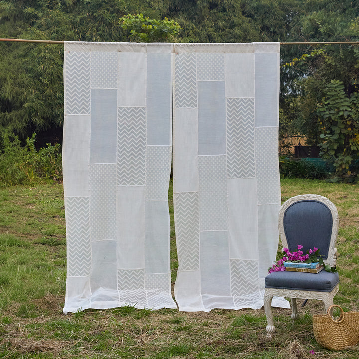 White on White Patchwork Handmade Cotton Curtain-Curtains-House of Ekam