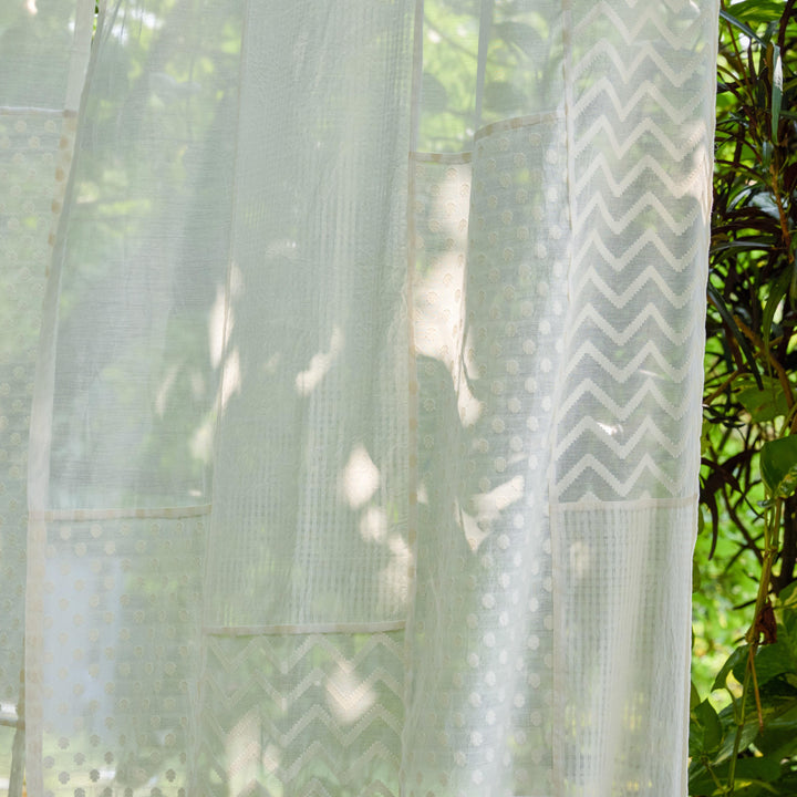 White on White Patchwork Handmade Cotton Curtain-Curtains-House of Ekam