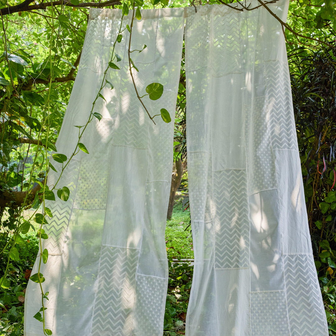 White on White Patchwork Handmade Cotton Curtain-Curtains-House of Ekam