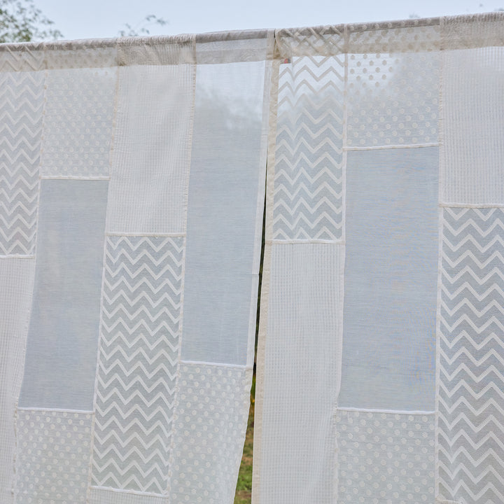White on White Patchwork Handmade Cotton Curtain-Curtains-House of Ekam