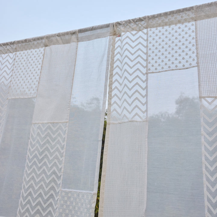 White on White Patchwork Handmade Cotton Curtain-Curtains-House of Ekam