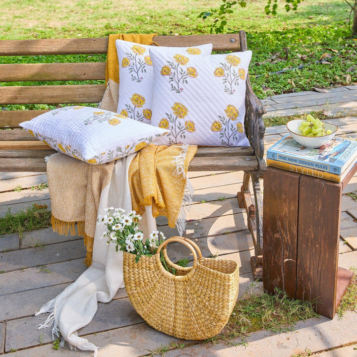 Yellow Amaryllis Hand Quilted Cushion Cover-Cushion Covers-House of Ekam