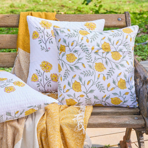 Yellow Amaryllis Hand Quilted Cushion Cover-Cushion Covers-House of Ekam
