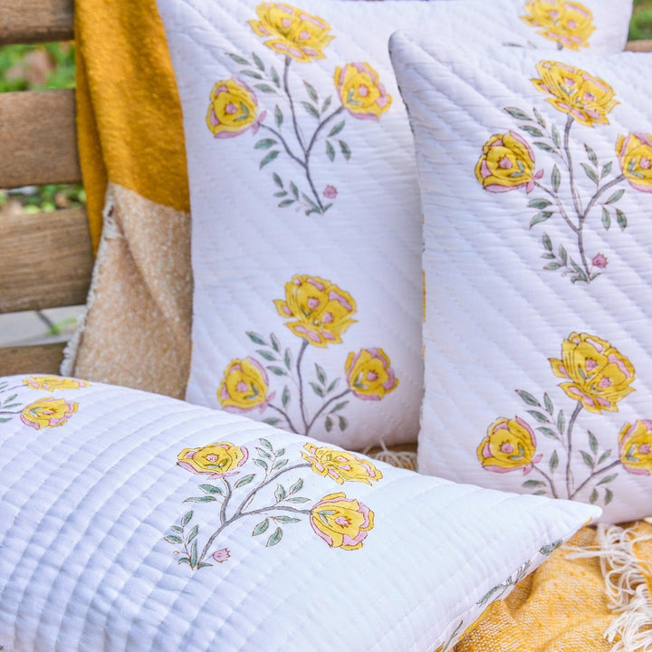 Yellow Amaryllis Hand Quilted Cushion Cover-Cushion Covers-House of Ekam
