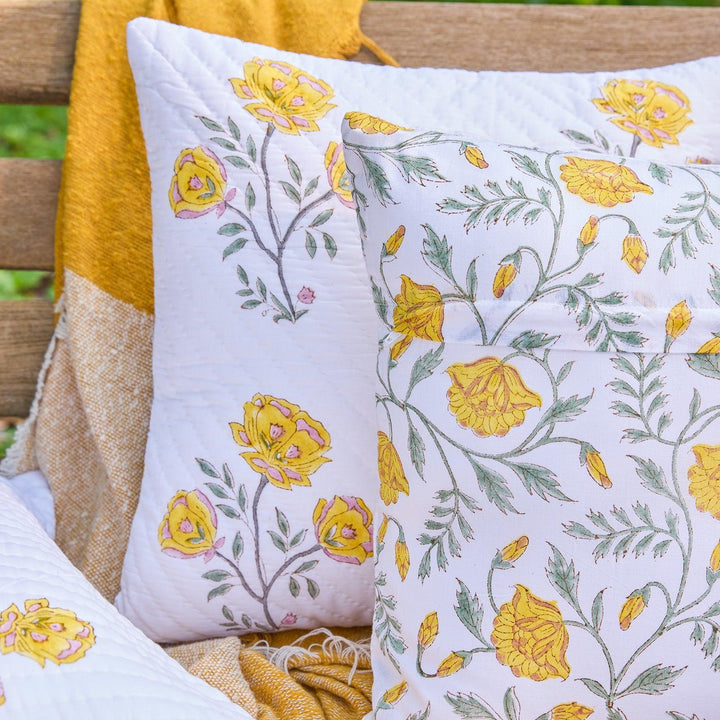 Yellow Amaryllis Hand Quilted Cushion Cover-Cushion Covers-House of Ekam