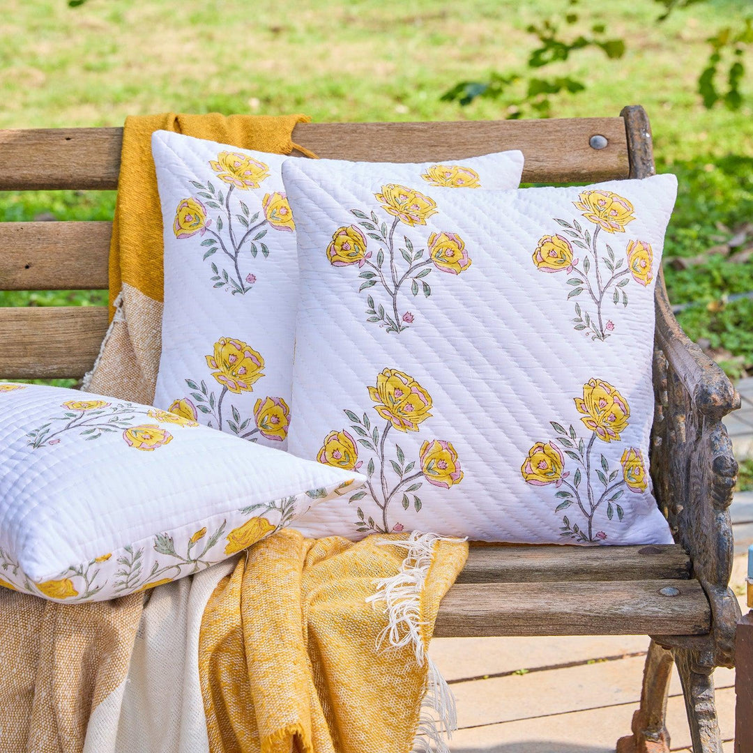 Yellow Amaryllis Hand Quilted Cushion Cover-Cushion Covers-House of Ekam