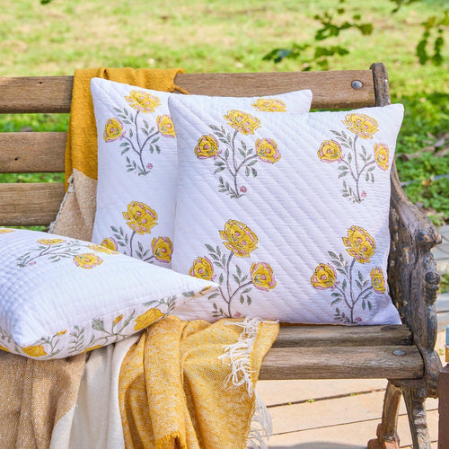Yellow Amaryllis Hand Quilted Cushion Cover-Cushion Covers-House of Ekam