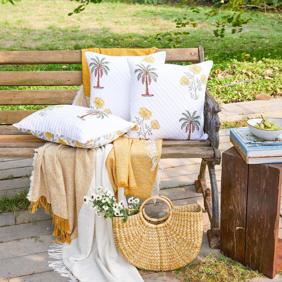 Yellow Amaryllis and Palm Hand Quilted Cushion Cover-Cushion Covers-House of Ekam