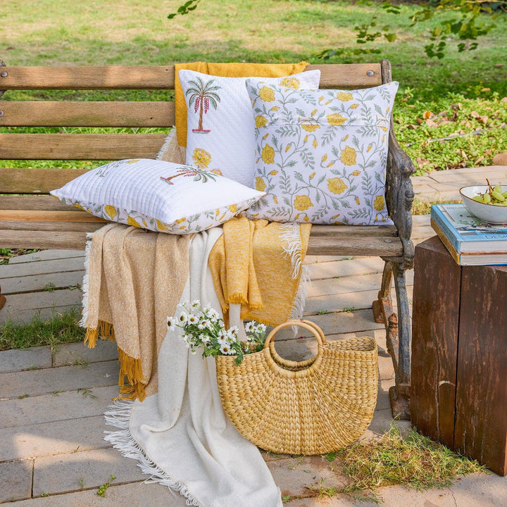 Yellow Amaryllis and Palm Hand Quilted Cushion Cover-Cushion Covers-House of Ekam