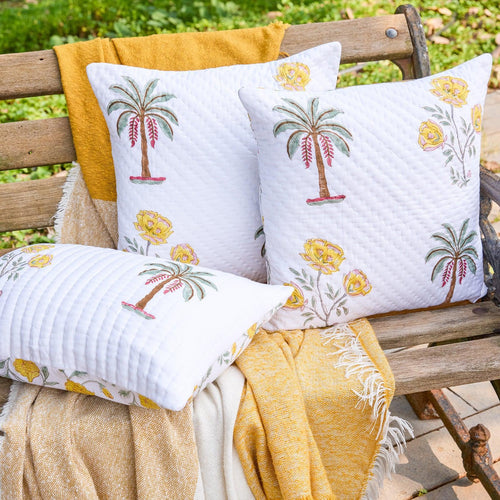 Yellow Amaryllis and Palm Hand Quilted Cushion Cover-Cushion Covers-House of Ekam