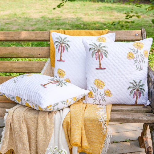 Yellow Amaryllis and Palm Hand Quilted Cushion Cover-Cushion Covers-House of Ekam