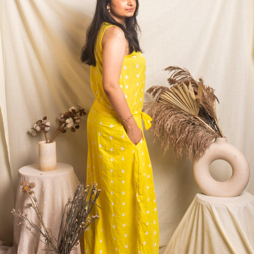 Yellow Bandhani Jumpsuit-Jump suits-House of Ekam